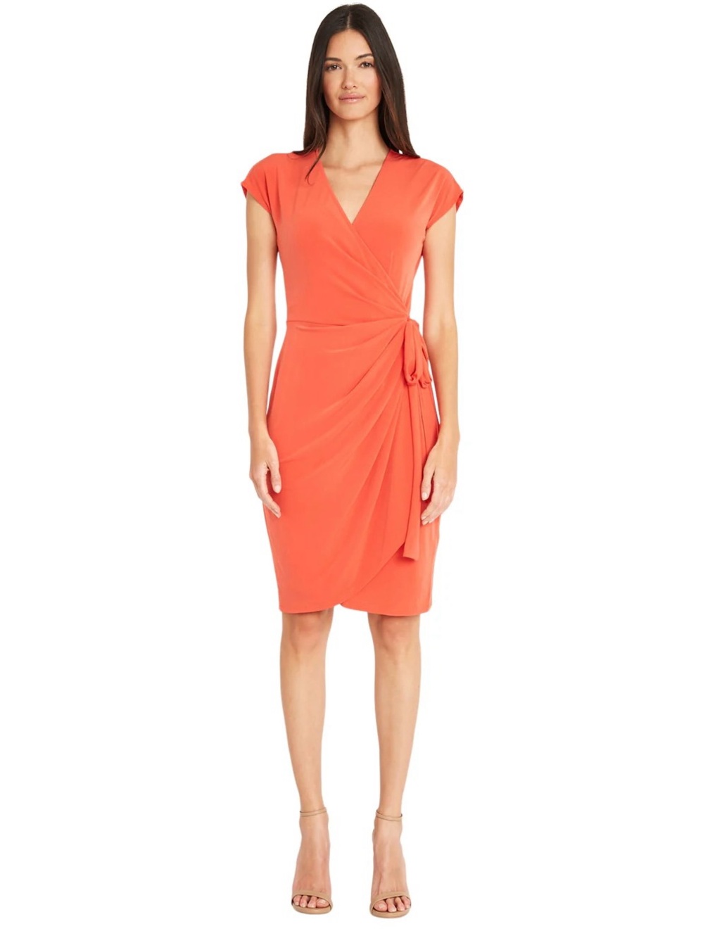 ✨140 Maggy London  Wrap-Style Cap Sleeve Dress in Coral